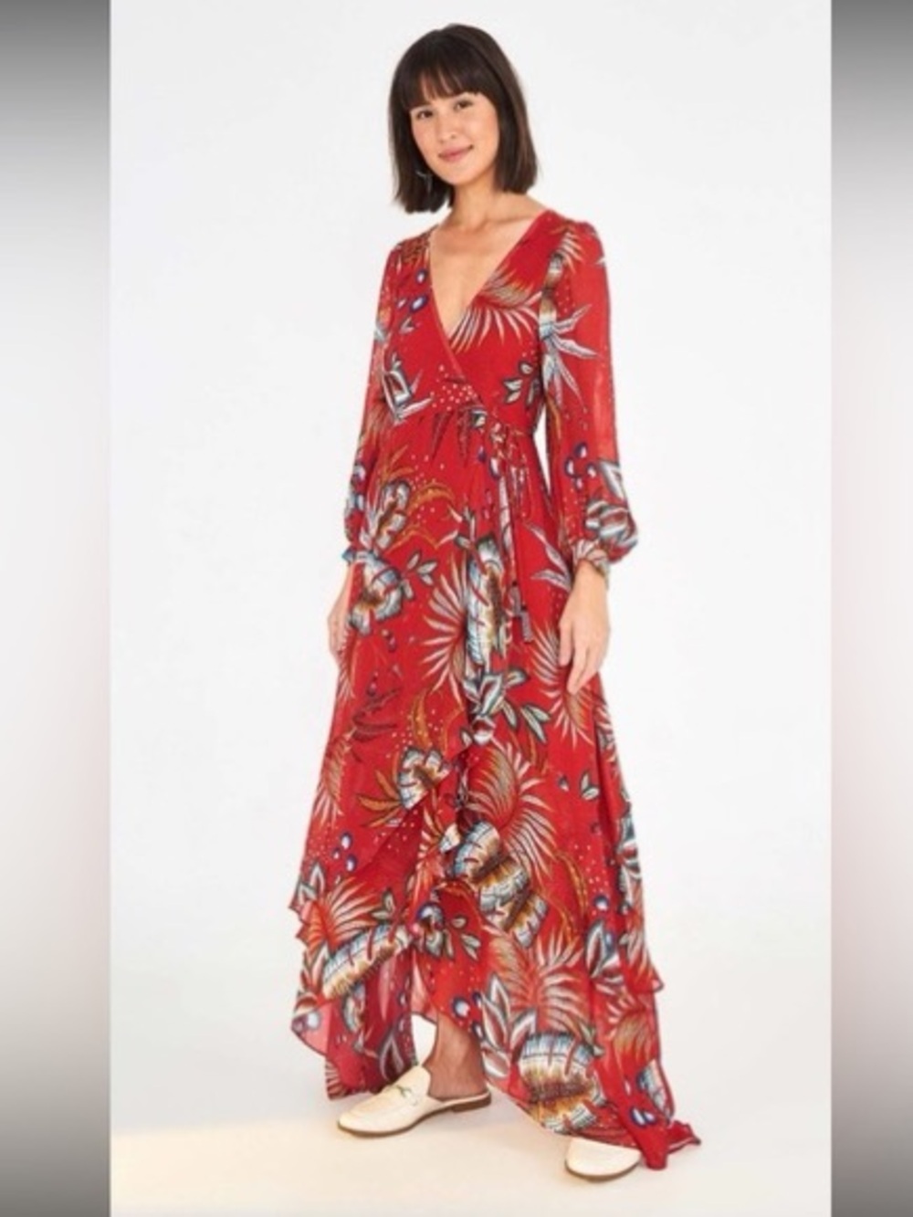 FARM Rio Red Tropical-Print Wrap Maxi Dress